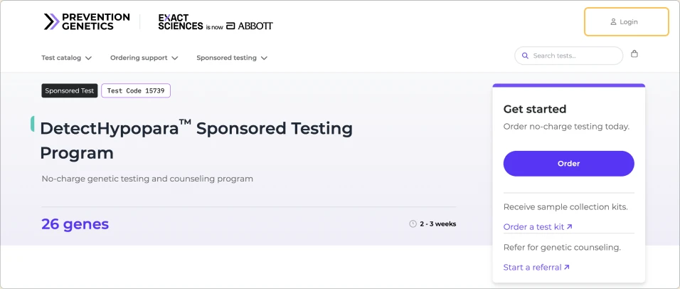 PreventionGenetics.com website showing the Login button in the top-right corner