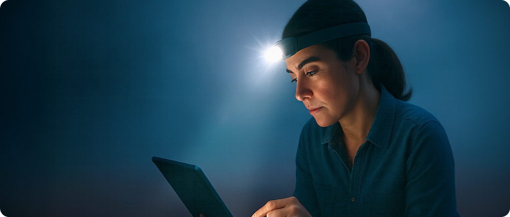 Female researcher with headlamp illuminating tablet against dark blue background