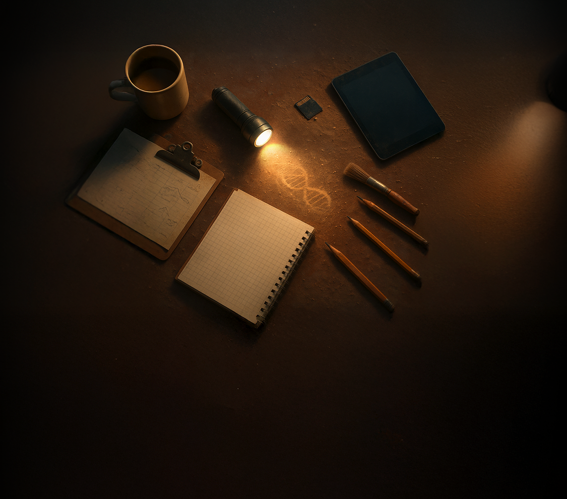 Dark brown background with collage of 3 pencils, brush, SD card, tablet, coffee cup, notebook, clipboard, and flashlight illuminating DNA helix