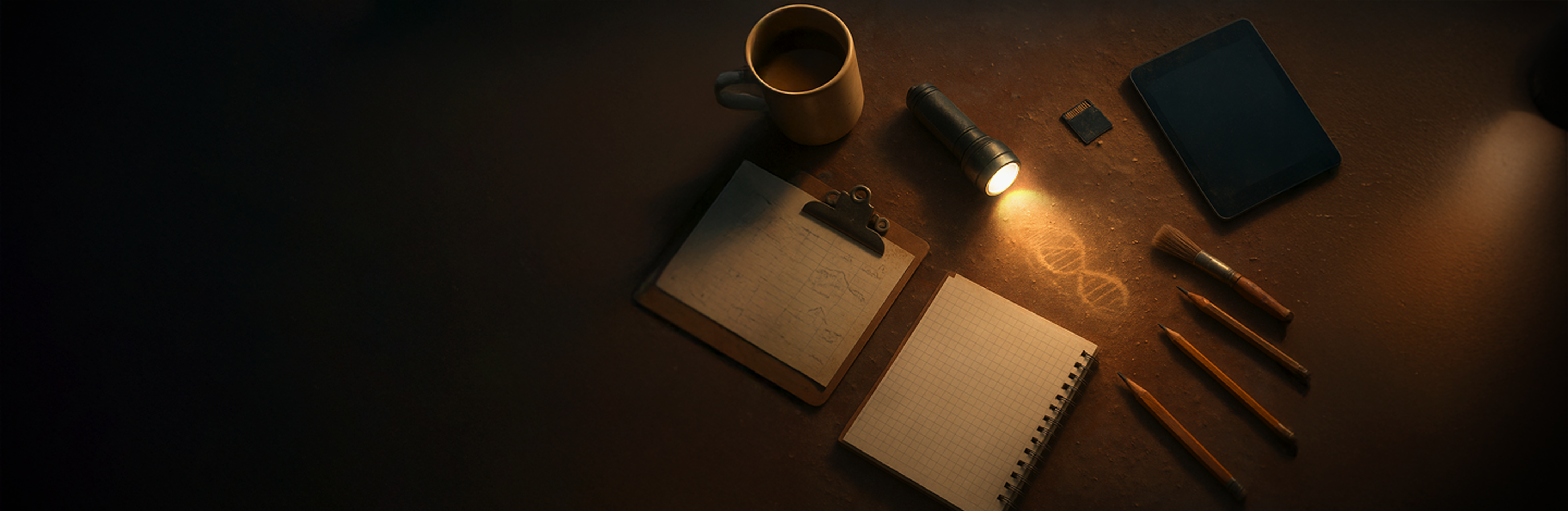 Dark brown background with collage of 3 pencils, brush, SD card, tablet, coffee cup, notebook, clipboard, and flashlight illuminating DNA helix